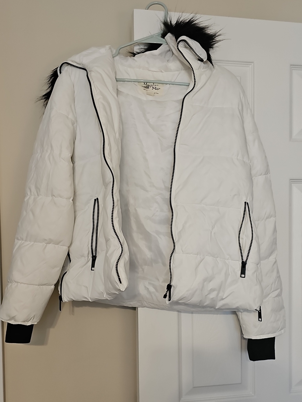 Maralyn & Me White Puffer Jacket with Black Trim and Faux Fur Hood